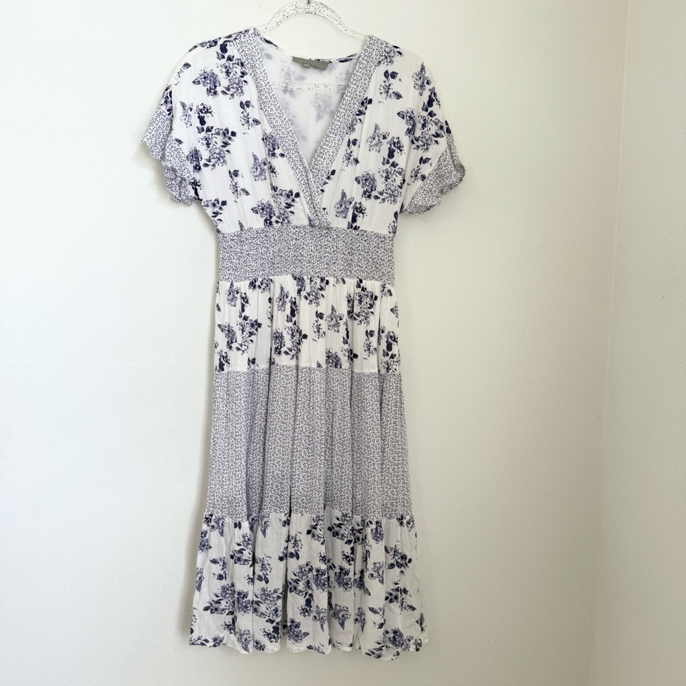 J Gee Gauzy Blue White Tiered Midi Dress Lined Size S Petite Floral Boho Hippie